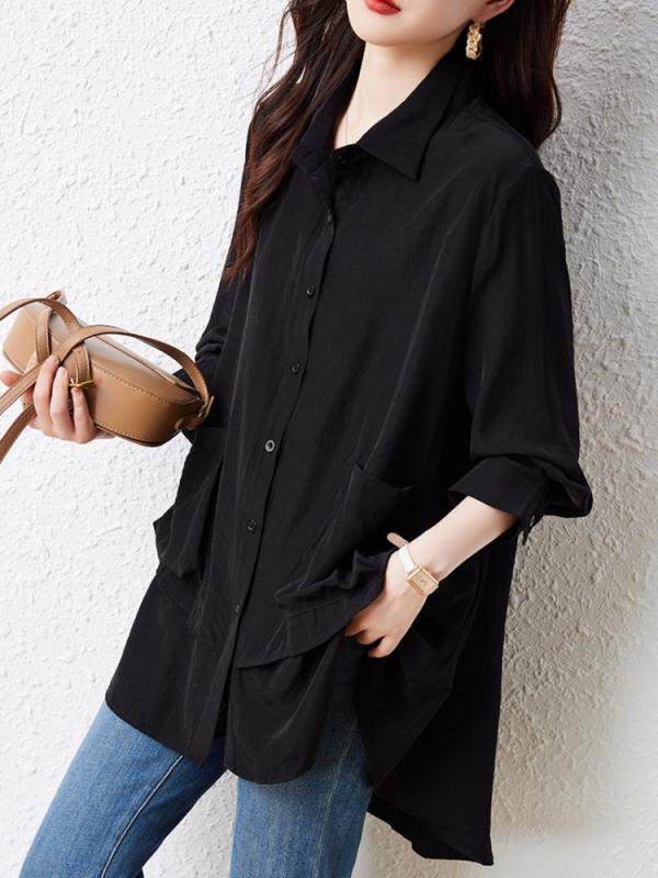 ファッション 服 オシャレ カワイイ シンプル 大カワイイ サイズ 婦服 長袖 ポケット シャツ 秋 スリムトップス