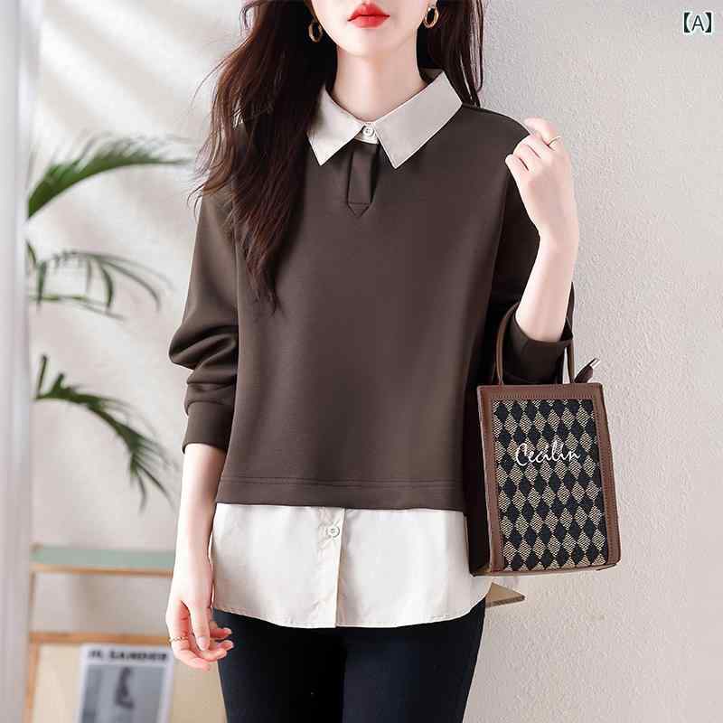 ファッション 服 オシャレ カワイイ シンプル 大カワイイ サイズ 婦服 秋 ハイエンド フェイクツーピース スウェットシャツ トップス