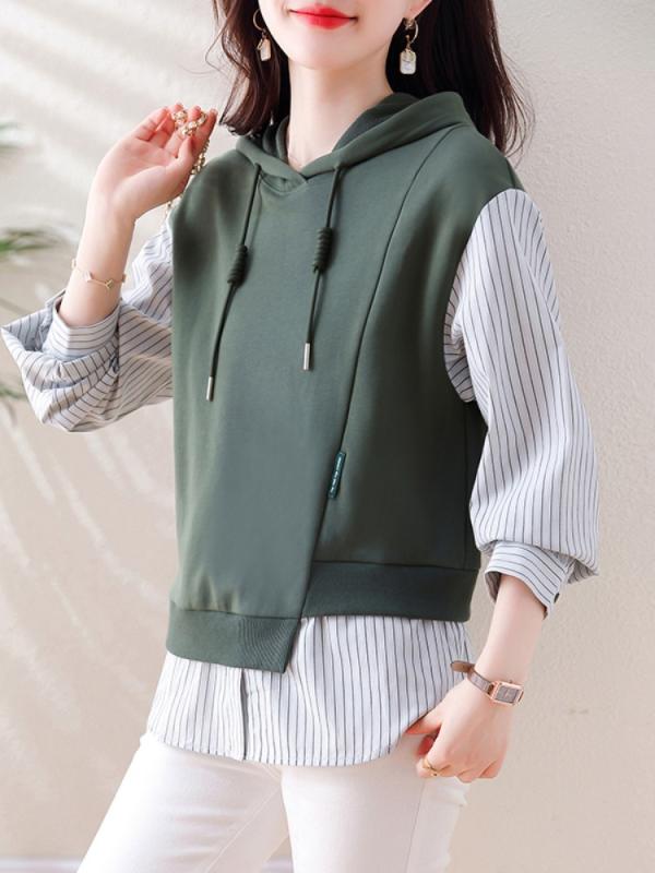 ファッション 服 オシャレ カワイイ シンプル 大カワイイ サイズ 婦服 ステッチ フェイクツーピース フード 長袖 スウェットシャツ 春秋 コート 薄手 カジュアル パーカー