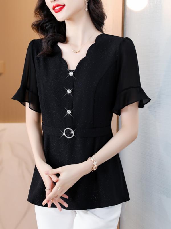 ファッション 服 オシャレ カワイイ シンプル 大カワイイ サイズ 婦服 夏フィット トップス Vネック スリム シャツ