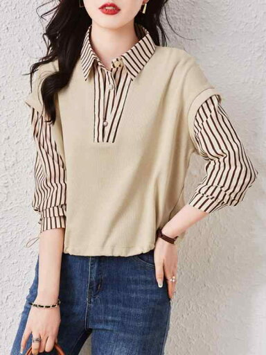 ファッション 服 オシャレ カワイイ シンプル 大カワイイ サイズ 婦服 フェイクツーピース ステッチ スウェットシャツ 秋 カジュアル ストライプシャツ ファッション 服 オシャレ カワイイ シンプル 大カワイイ サイズ 婦服 フェイクツーピース ステッチ スウェットシャツ 秋 カジュアル ストライプシャツ