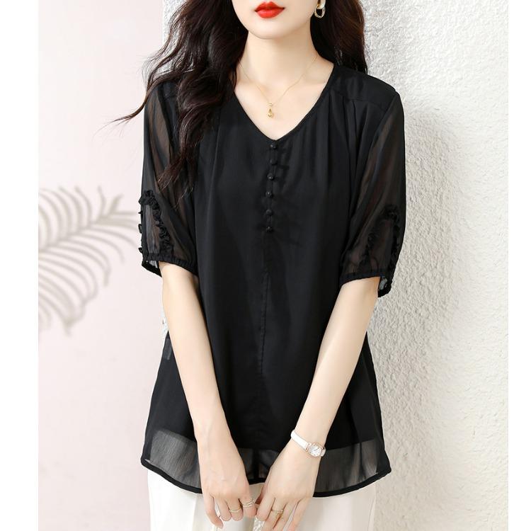 ファッション 服 オシャレ カワイイ シンプル 大カワイイ サイズ 婦服 夏 カジュアル シフォンシャツ 黒 スリムトップス