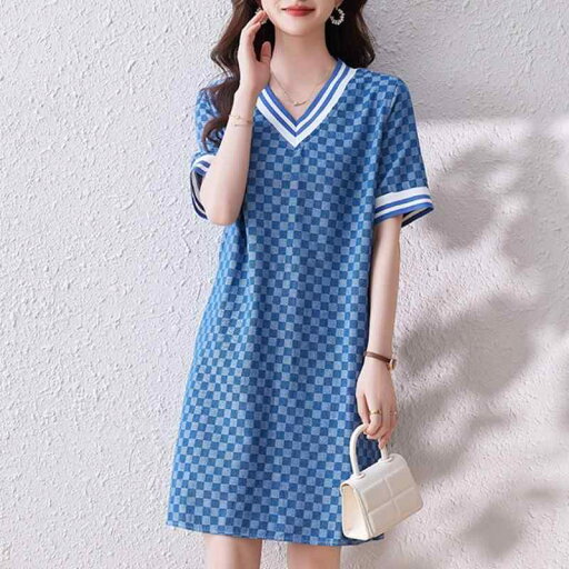 ファッション 服 オシャレ カワイイ シンプル 大カワイイ サイズ 婦服 ワンピース Vネック チェック柄 デニム ドレス 夏 スカート ファッション 服 オシャレ カワイイ シンプル 大カワイイ サイズ 婦服 ワンピース Vネック チェック柄 デニム ドレス 夏 スカート