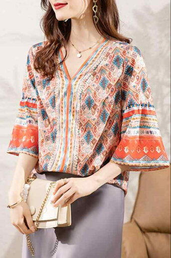 ファッション 服 オシャレ カワイイ シンプル 大カワイイ サイズ 婦服 夏 エスニック プリント シフォンシャツ Vネック トランペット 七分袖 シャツ ファッション 服 オシャレ カワイイ シンプル 大カワイイ サイズ 婦服 夏 エスニック プリント シフォンシャツ Vネック トランペット 七分袖 シャツ