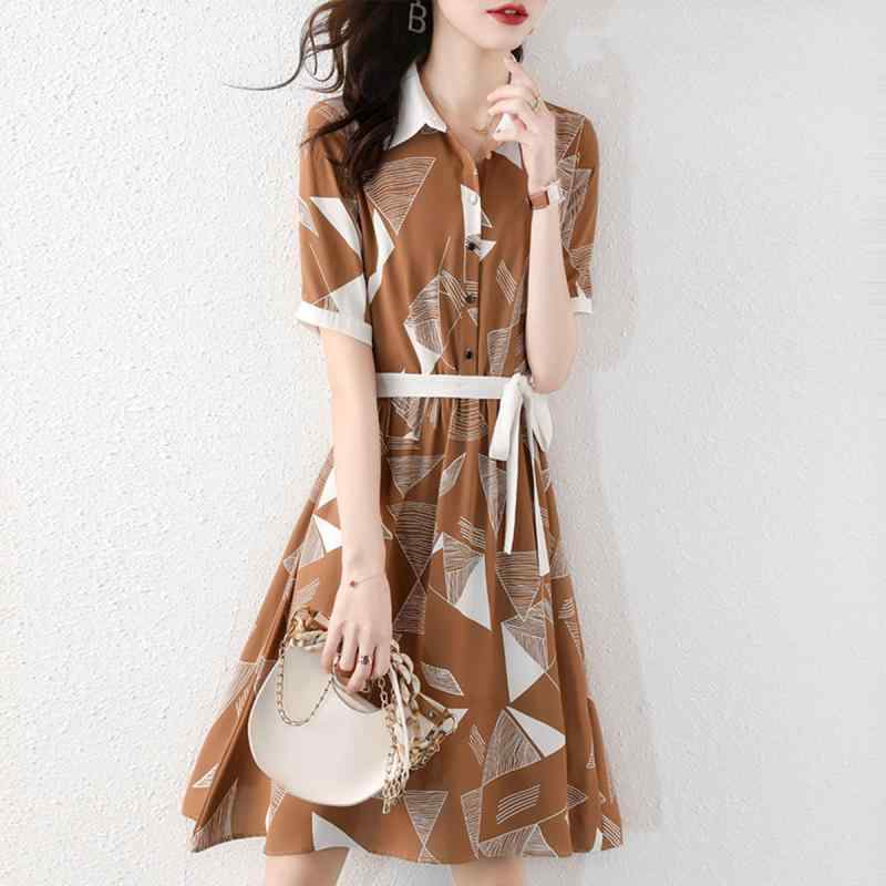 ファッション 服 オシャレ カワイイ シンプル 大カワイイ サイズ 婦服 ワンピース 夏 レトロ プリント シャツ 襟 スリム ミドル ドレス