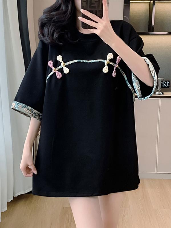 ファッション 服 オシャレ カワイイ シンプル 大カワイイ サイズ 婦服 ラウンドネック ミッド スリーブ T シャツ 夏 カジュアル ミドル丈 トップス