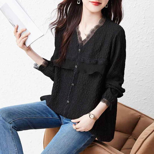 ファッション 服 オシャレ カワイイ シンプル 大カワイイ サイズ 婦服 ブラック テクスチャーシワ シャツ 春 カジュアル トップス ファッション 服 オシャレ カワイイ シンプル 大カワイイ サイズ 婦服 ブラック テクスチャーシワ シャツ 春 カジュアル トップス