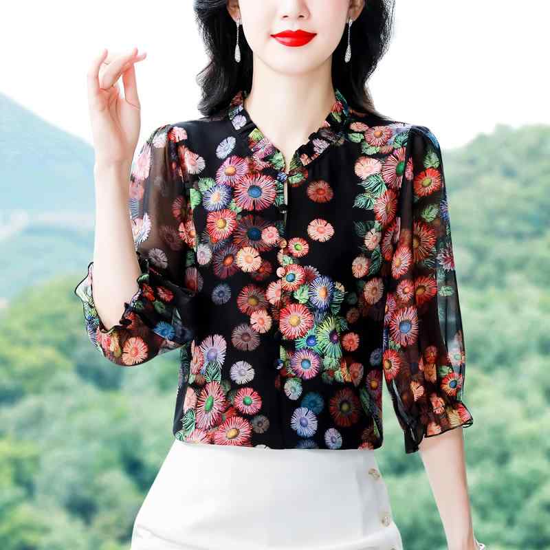 ファッション 服 オシャレ カワイイ シンプル 大カワイイ サイズ 婦服 花柄 ミッド スリーブ シフォン シャツ 夏 トップス