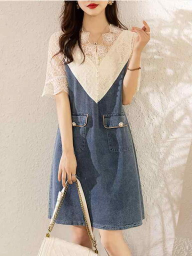 ファッション 服 オシャレ カワイイ シンプル 大カワイイ サイズ 婦服 ワンピース Vネック フェイクツーピース デニム ドレス 夏 パフスリーブスカート ファッション 服 オシャレ カワイイ シンプル 大カワイイ サイズ 婦服 ワンピース Vネック フェイクツーピース デニム ドレス 夏 パフスリーブスカート