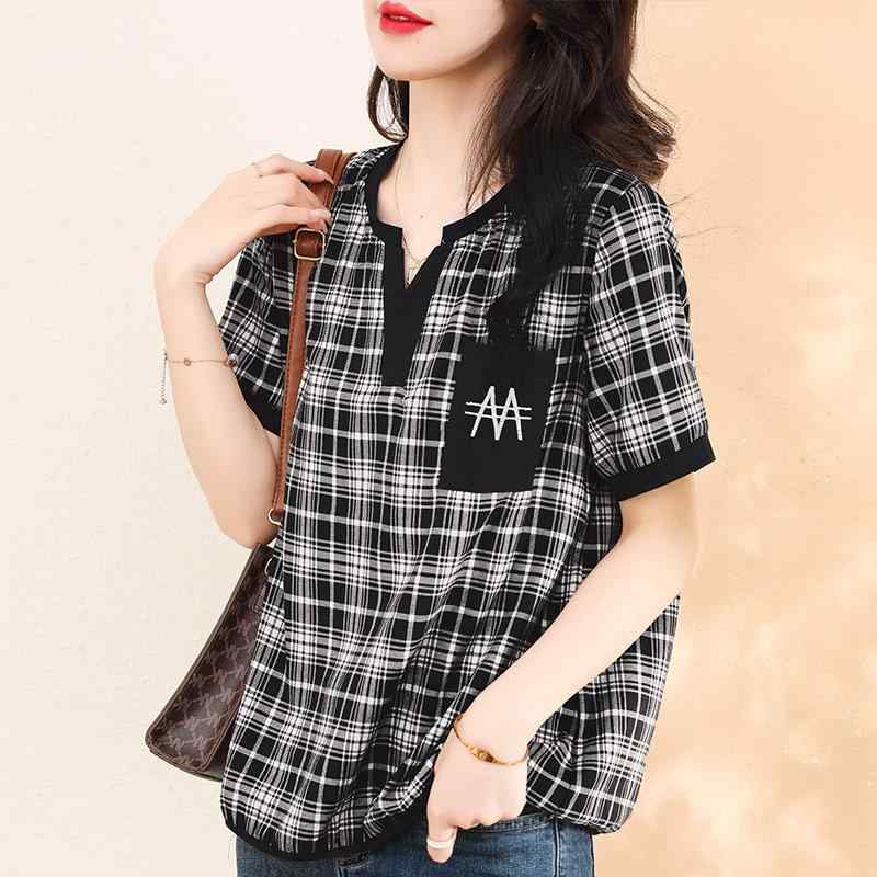 ファッション 服 オシャレ カワイイ シンプル 大カワイイ サイズ 婦服 夏 半袖 チェック柄 シャツ スリムトップス ス