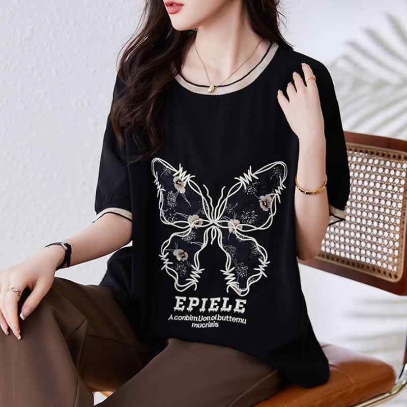 ファッション 服 オシャレ カワイイ シンプル 大カワイイ サイズ 婦服 黒 蝶 シャツ 夏 スリムトップス