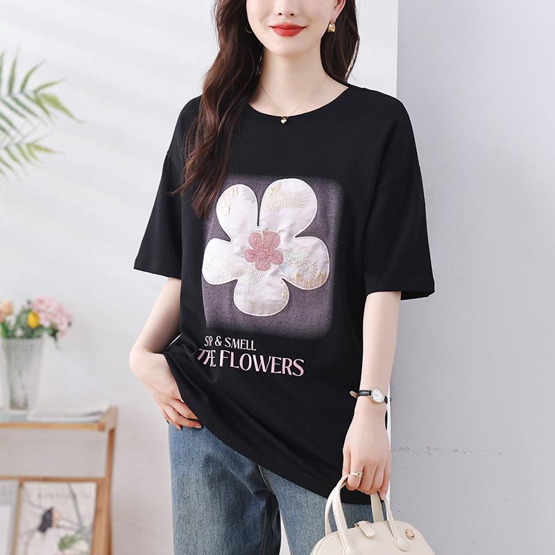 ファッション 服 オシャレ カワイイ シンプル 大カワイイ サイズ 婦服 ラウンドネック プリント 半袖 T シャツ 夏 快 コットン カジュアル トップス