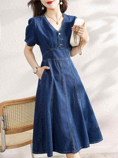 ファッション 服 オシャレ カワイイ シンプル 大カワイイ サイズ 婦服 ワンピース Vネック デニム ドレス 夏 スリム aライン スカート ファッション 服 オシャレ カワイイ シンプル 大カワイイ サイズ 婦服 ワンピース Vネック デニム ドレス 夏 スリム aライン スカート