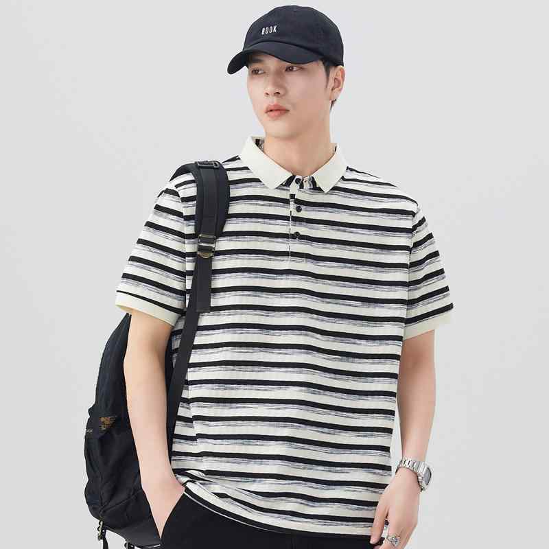 ストライプ ビジネス ポロシャツ メンズ 夏 折り襟 半袖 Tシャツ ゆったり ハーフ スリーブ カジュアル Tシャツ