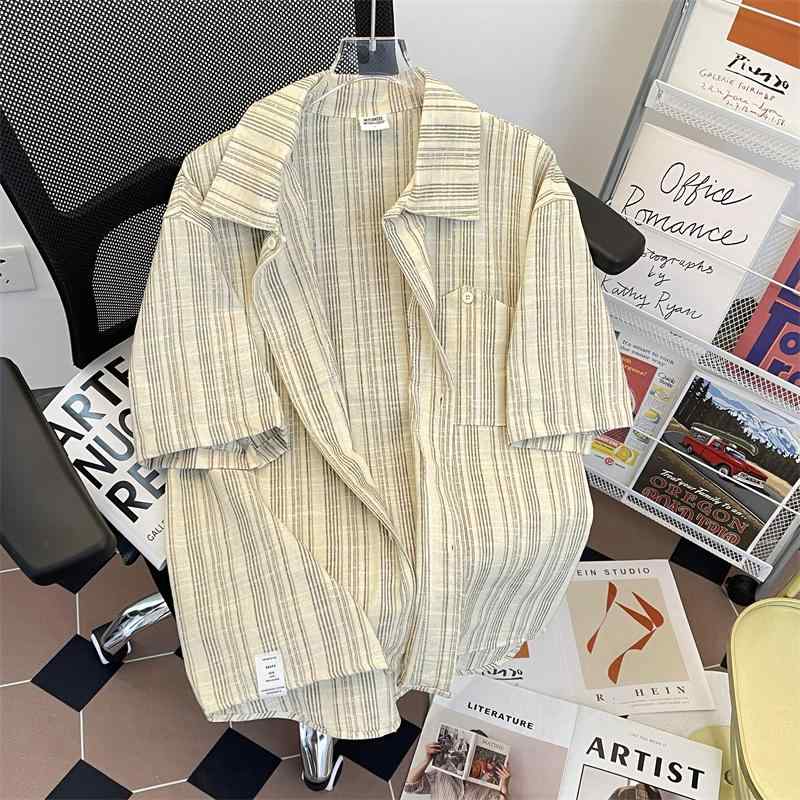Long-Sleeved - メンズ ファッション 服 男性用 オシャレ シンプル 大人 かっこいい 大きいサイズ ストリート 紳士服 夏 キューバ カラーストライプ 半袖 シャツ シンプル カジュアル ストライプ シャツ プリーツ ハイエンド