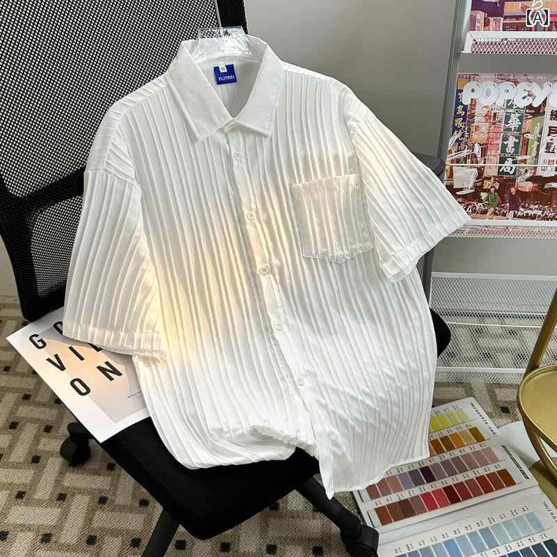 メンズ ファッション 服 男性用 オシャレ シンプル 大人 かっこいい 大きいサイズ ストリート 紳士服 プリーツ 半袖 シャツ 夏 ゆったり ハイエンド カジュアル シンプル