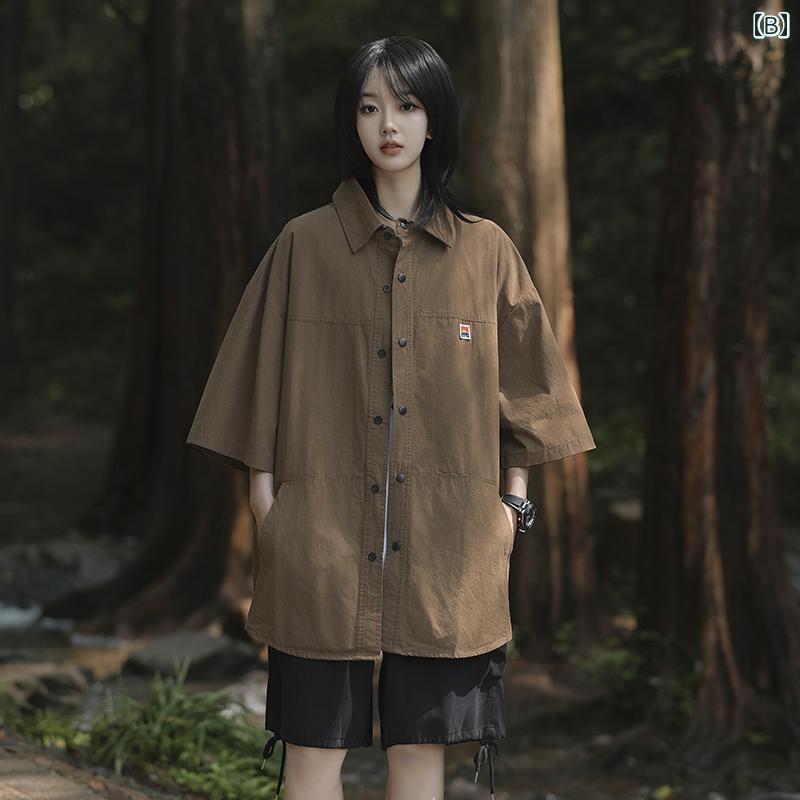 メンズ ファッション 服 男性用 オシャレ シンプル 大人 かっこいい 大きいサイズ ストリート 紳士服 ストリート レトロ 半袖 シャツ ヘビーデュー ウォッシュド サマー ソリッドカラー ワークシャツ