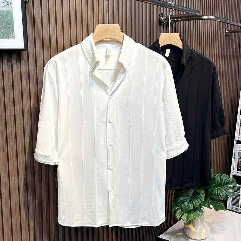 メンズ ファッション 服 男性用 オシャレ シンプル 大人 かっこいい 大きいサイズ ストリート 紳士服 ビジネス ストライプ 半袖 シャツ スリム カジュアル 夏服(4)