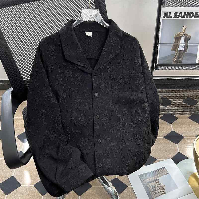 Casual Shirts - メンズ ファッション 服 男性用 オシャレ シンプル 大人 かっこいい 大きいサイズ ストリート 紳士服 キューバ 襟 黒 長袖 シャツ 夏 カジュアル ジャカード ハイエンド 日焼け防止