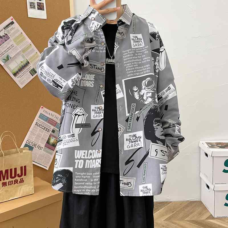 メンズ ファッション 服 男性用 オシャレ シンプル 大人 かっこいい 大きいサイズ ストリート 紳士服 レター プリント シャツ レトロ 長袖 秋 聞