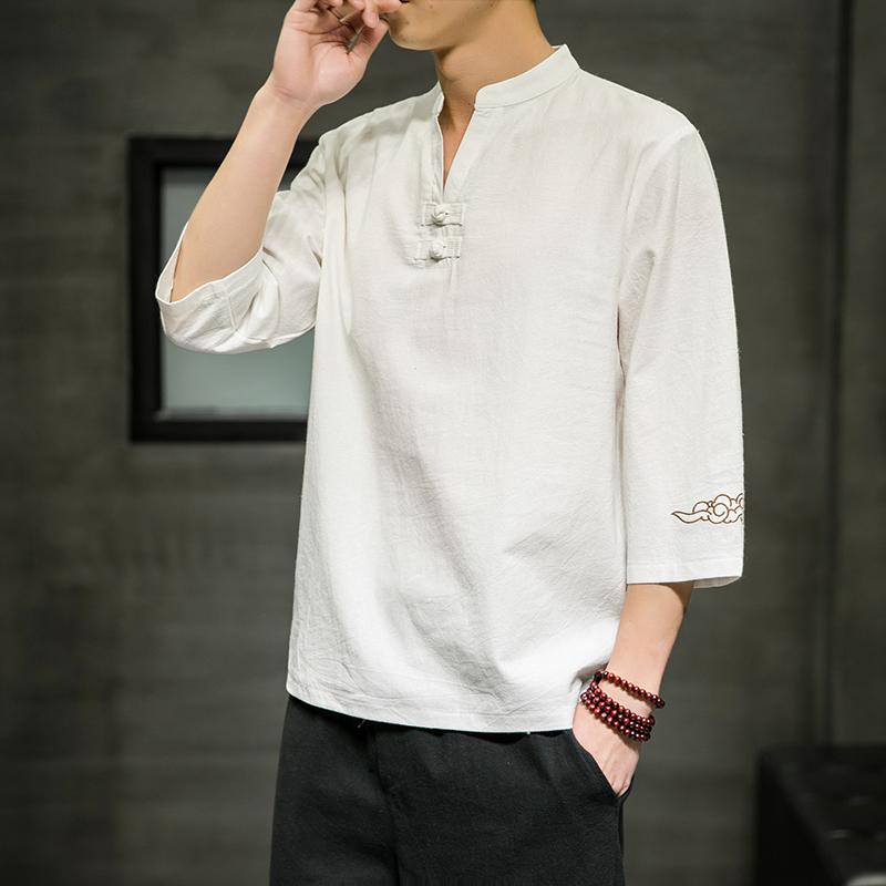 日式花紋 - メンズ ファッション 服 男性用 オシャレ シンプル 大人 かっこいい 大きいサイズ ストリート 紳士服 リネン 半袖 T シャツ 夏 Vネック 七分袖 トップス 綿 五分袖
