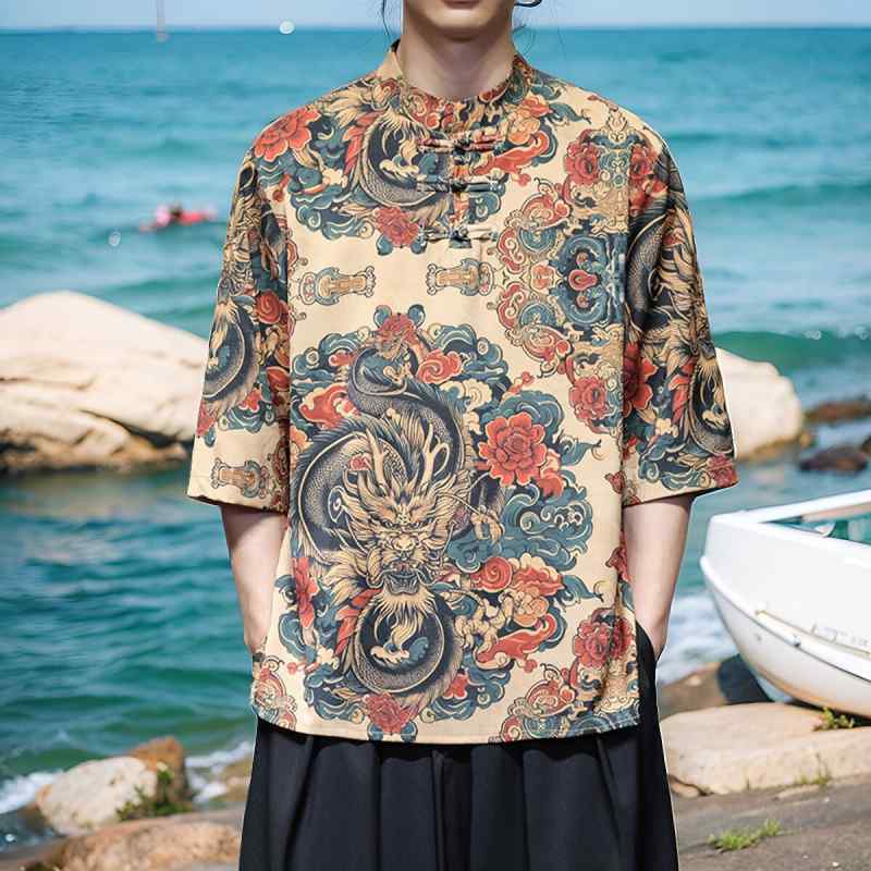 メンズ ファッション 服 男性用 オシャレ シンプル 大人 かっこいい 大きいサイズ ストリート 紳士服 プリント 七分袖 T シャツ プレート ボタン 唐 スーツ トップス