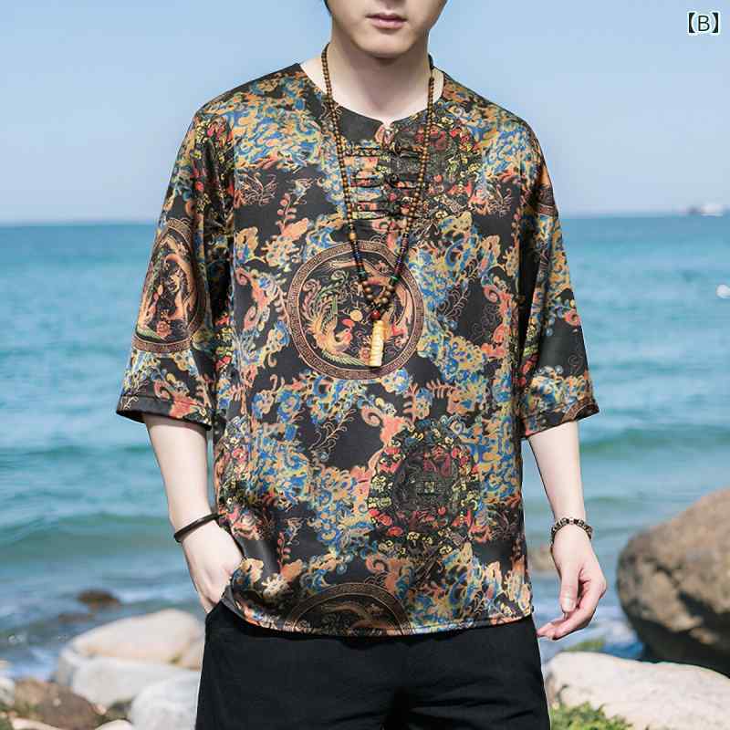 メンズ ファッション 服 男性用 オシャレ シンプル 大人 かっこいい 大きいサイズ ストリート 紳士服 ドラゴンローブ 夏 半袖 T シャツ トップス ボタン ダウン 唐 スーツ プリント シャツ