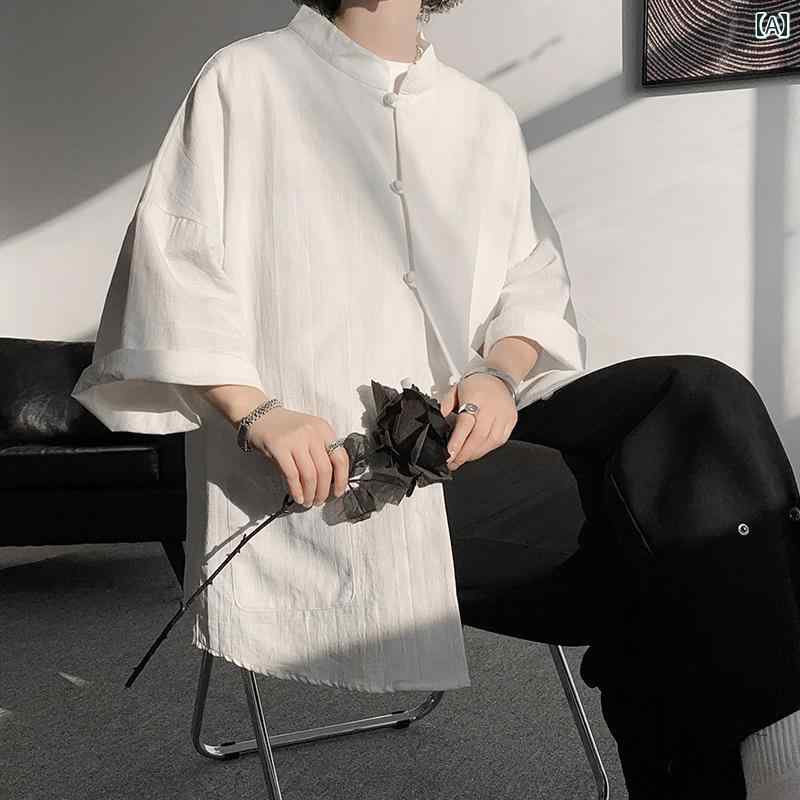リコットのメンズ ファッション 服 男性用 オシャレ シンプル 大人 かっこいい 大きいサイズ ストリート 紳士服 リネン 半袖 シャツ 夏 スタイル 漢服 ロング コート チュニック スーツ 唐 マンダリン ジャケット｜アングル2
