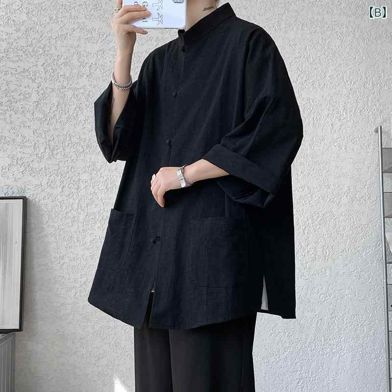 リコットのメンズ ファッション 服 男性用 オシャレ シンプル 大人 かっこいい 大きいサイズ ストリート 紳士服 リネン 半袖 シャツ 夏 スタイル 漢服 ロング コート チュニック スーツ 唐 マンダリン ジャケット｜アングル3
