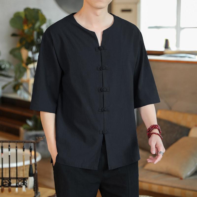 メンズ ファッション 服 男性用 オシャレ シンプル 大人 かっこいい 大きいサイズ ストリート 紳士服 唐装 半袖 シャツ カーディガン 五分袖 コート 綿麻 プレート ボタン チュニック