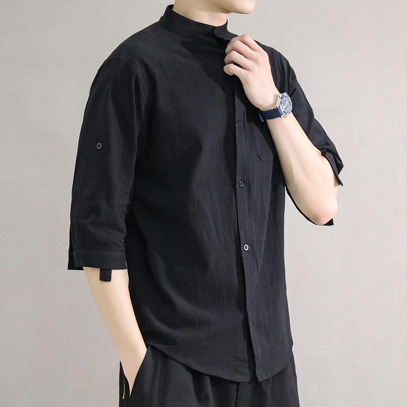 乐天商城 - メンズ ファッション 服 男性用 オシャレ シンプル 大人 かっこいい 大きいサイズ ストリート 紳士服 リネンシャツ 夏 黒 カジュアル ジャケット スタンドカラー 綿 リネン 半袖 シャツ