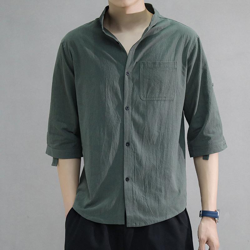 乐天商城 - メンズ ファッション 服 男性用 オシャレ シンプル 大人 かっこいい 大きいサイズ ストリート 紳士服 綿 リネン 半袖 シャツ 夏 カジュアル リネンシャツ スタンドカラー