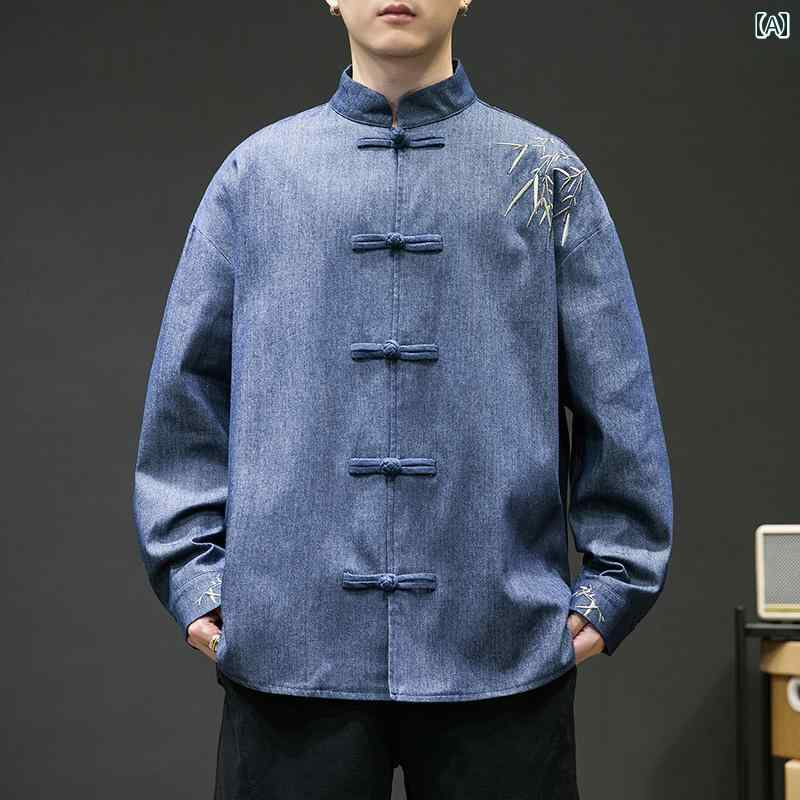 メンズ ファッション 服 男性用 オシャレ シンプル 大人 かっこいい 大きいサイズ ストリート 紳士服 デニムシャツ 長袖 スタンドカラー シャツ 秋冬 プレート ボタン 唐 スーツ