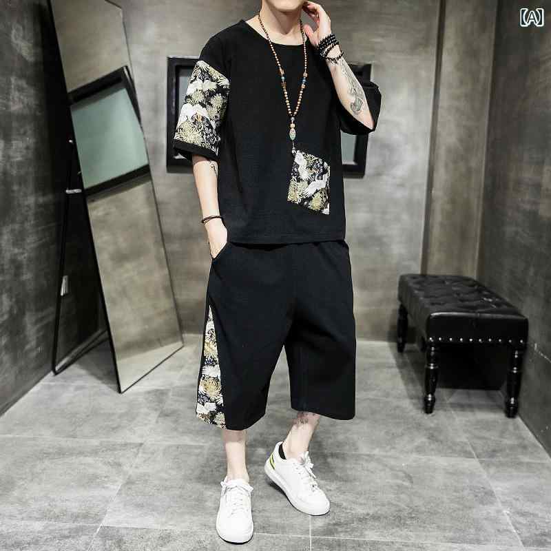 メンズ ファッション 服 男性用 オシャレ シンプル 大人 かっこいい 大きいサイズ ストリート 紳士服 サマー リネン スーツ 半袖 T シャツ レトロ 綿麻 カジュアル セット