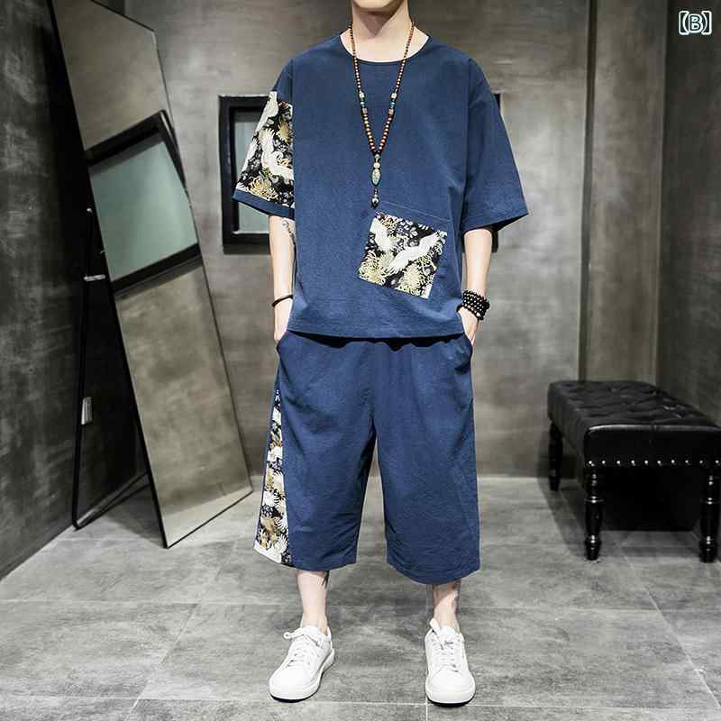 メンズ ファッション 服 男性用 オシャレ シンプル 大人 かっこいい 大きいサイズ ストリート 紳士服 サマー リネン スーツ 半袖 T シャツ レトロ 綿麻 カジュアル セット