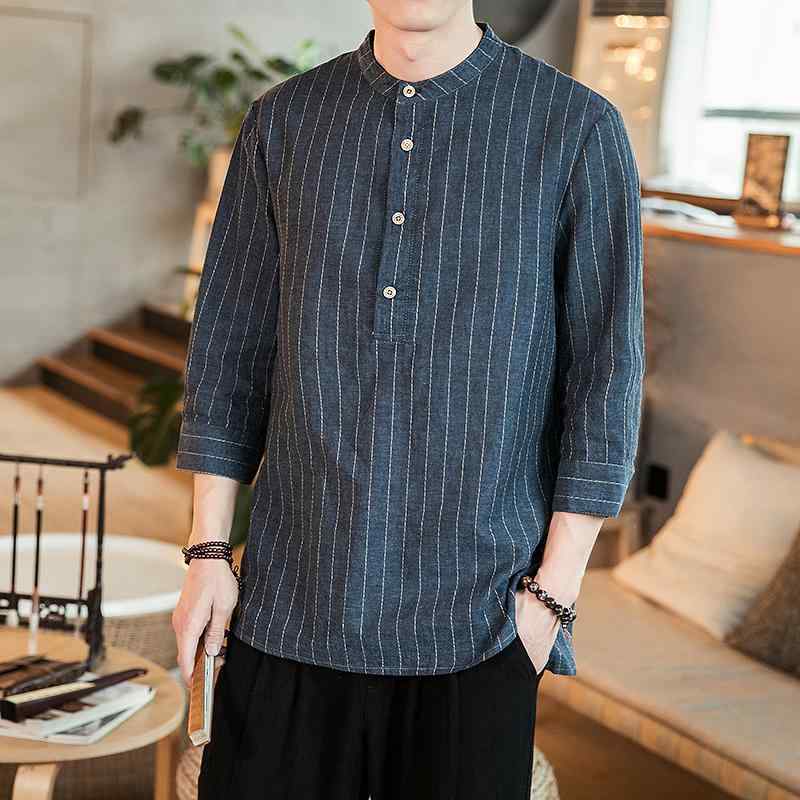 メンズ ファッション 服 男性用 オシャレ シンプル 大人 かっこいい 大きいサイズ ストリート 紳士服 七分袖 縞 リネン T シャツ 半袖 トップス レトロ 綿麻