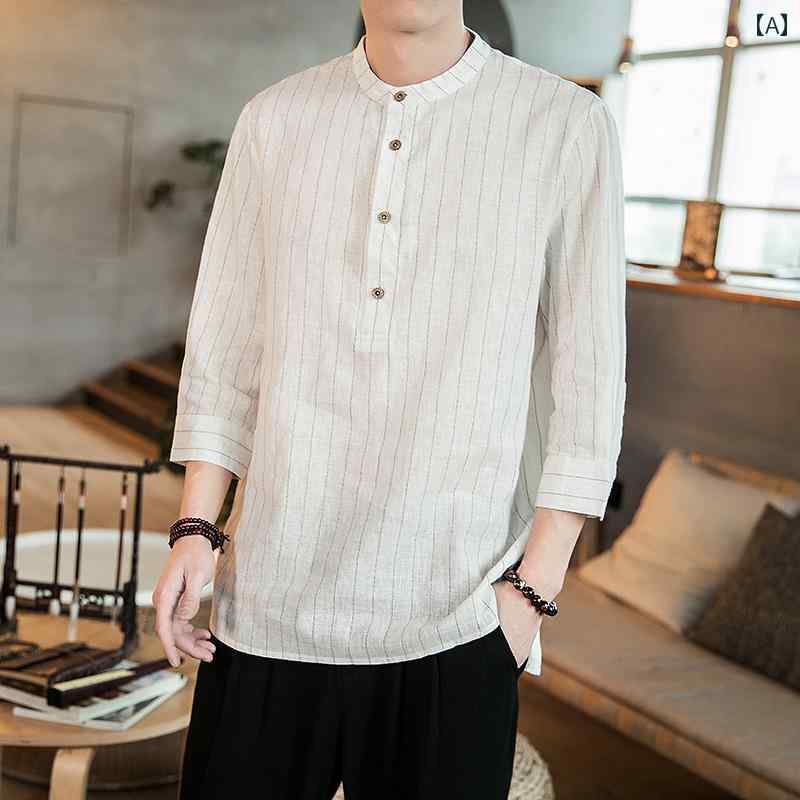 メンズ ファッション 服 男性用 オシャレ シンプル 大人 かっこいい 大きいサイズ ストリート 紳士服 七分袖 縞 リネン T シャツ 半袖 トップス レトロ 綿麻