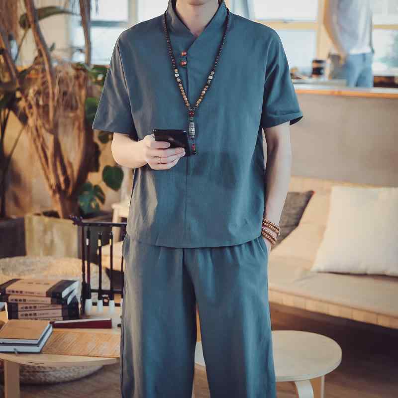 メンズ ファッション 服 男性用 オシャレ シンプル 大人 かっこいい 大きいサイズ ストリート 紳士服 リネン 半袖 T シャツ スーツ 仏教 唐 レトロ 綿 漢服 服