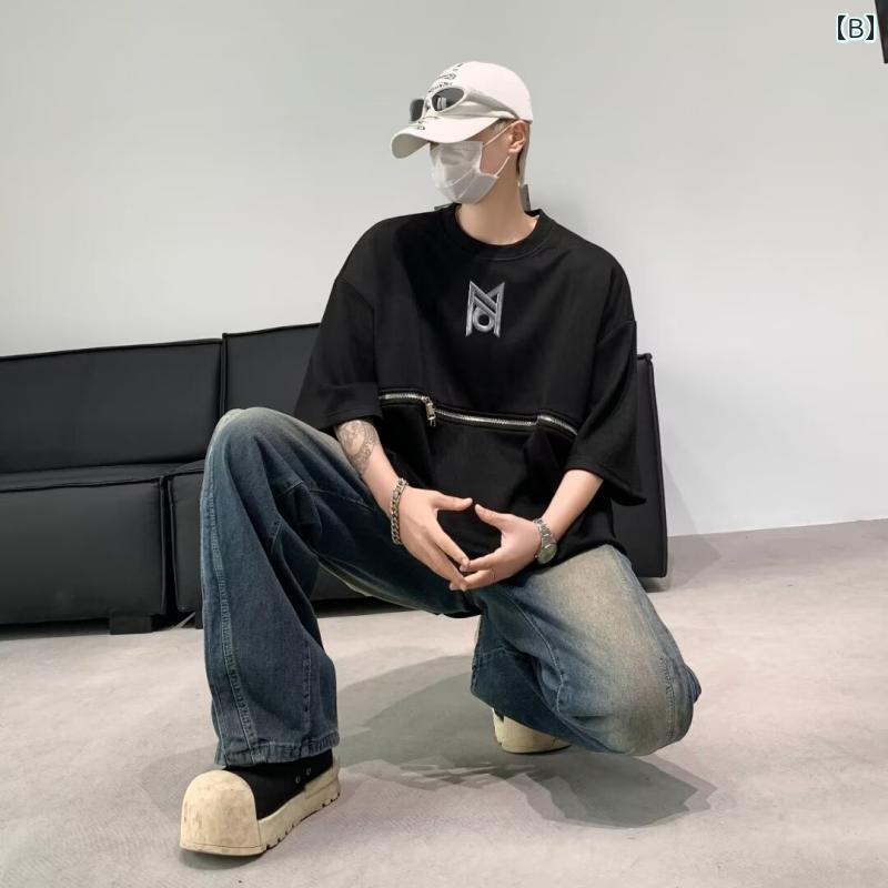 メンズ ファッション 服 男性用 オシャレ シンプル 大人 かっこいい 大きいサイズ ストリート 紳士服 夏 ジッパー 半袖 T シャツ カジュアル アメリカン レトロ ストリート