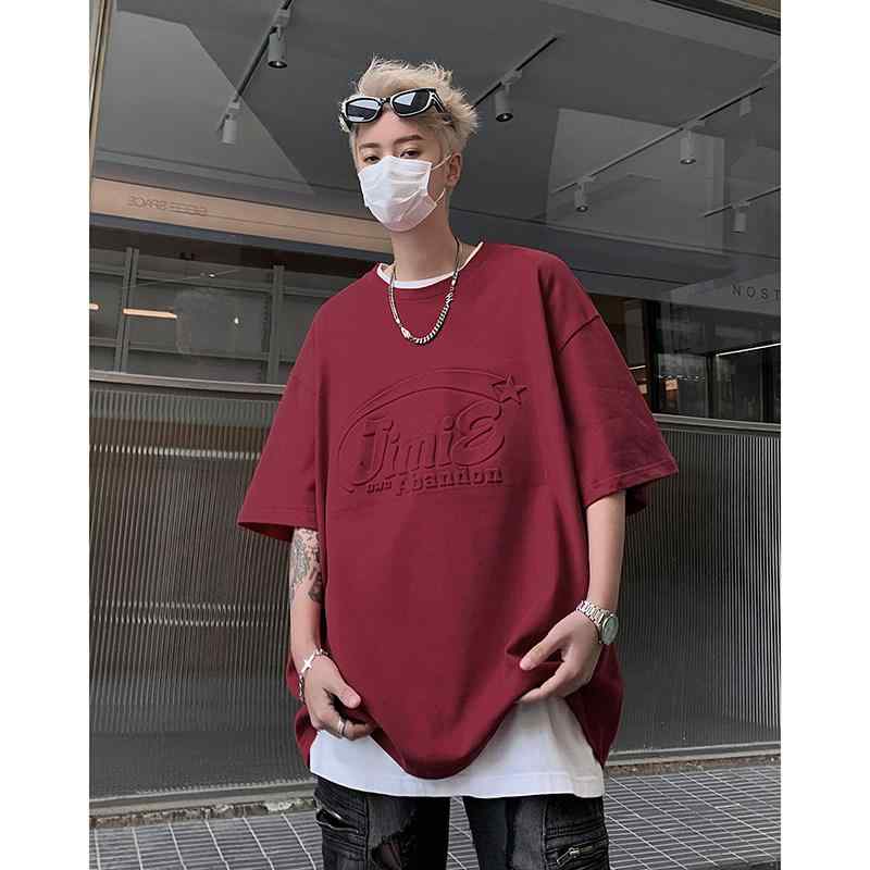 Shirts, T-Shirts - メンズ ファッション 服 男性用 オシャレ シンプル 大人 かっこいい 大きいサイズ ストリート 紳士服 レッド T シャツ トップス 夏 アメリカン レトロ ヘビーウェイト コットン 半袖 レター スタンプ