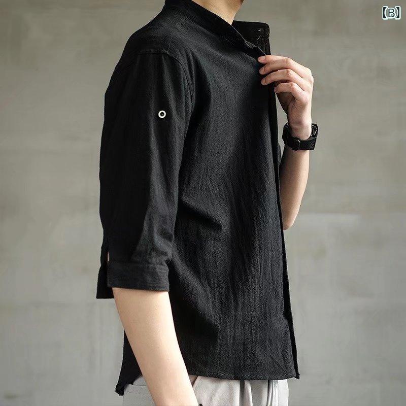 リコットのメンズ ファッション 服 男性用 オシャレ シンプル 大人 かっこいい 大きいサイズ ストリート 紳士服 綿麻 T シャツ 七分袖 リネン シンプル スタンドカラー 半袖｜アングル3