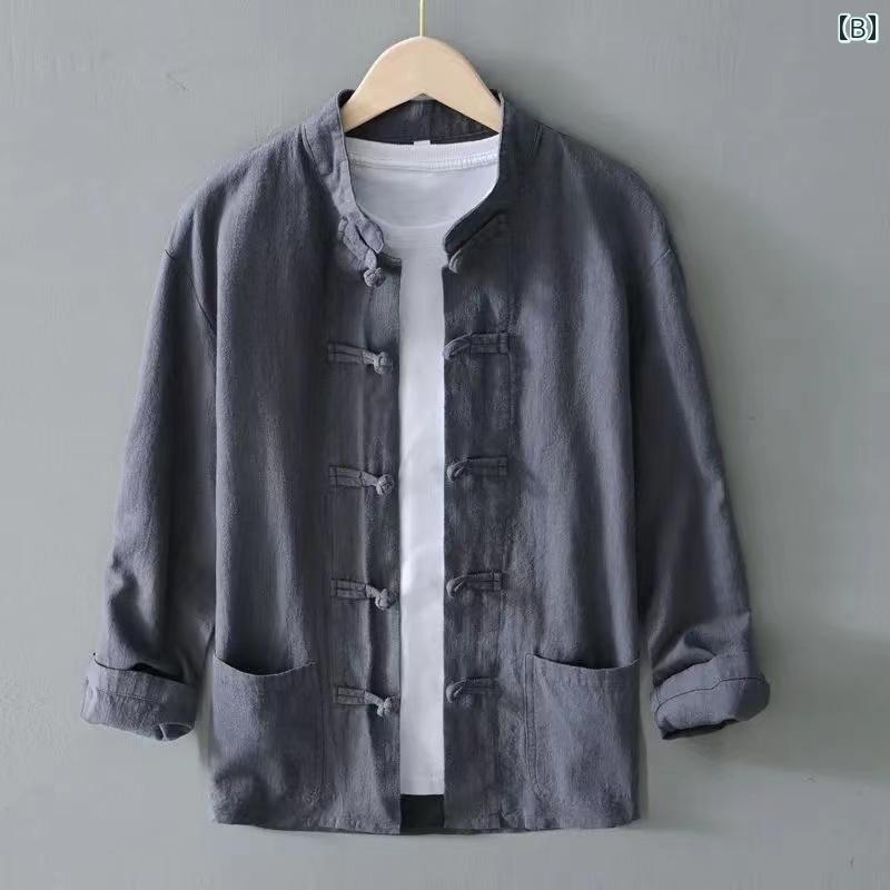 リコットのメンズ ファッション 服 男性用 オシャレ シンプル 大人 かっこいい 大きいサイズ ストリート 紳士服 レトロ 唐 スーツ 長袖 シャツ チュニック 秋 スタンドカラー｜アングル3