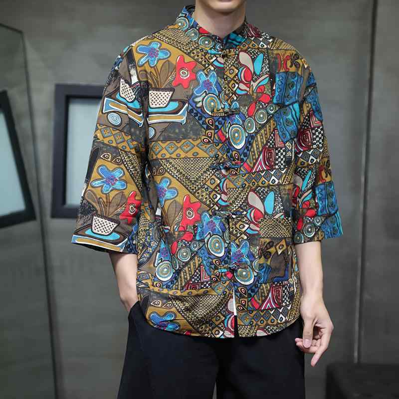 Rakuten - メンズ ファッション 服 男性用 オシャレ シンプル 大人 かっこいい 大きいサイズ ストリート 紳士服 レトロ プリント 夏 唐装 バックル リネン T シャツ トップス 綿 リネンシャツ
