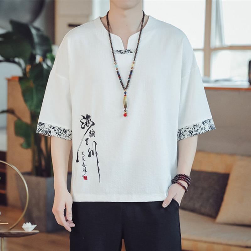 メンズ ファッション 服 男性用 オシャレ シンプル 大人 かっこいい 大きいサイズ ストリート 紳士服 リネン 半袖 Vネック T シャツ 夏 トップス 唐装 綿