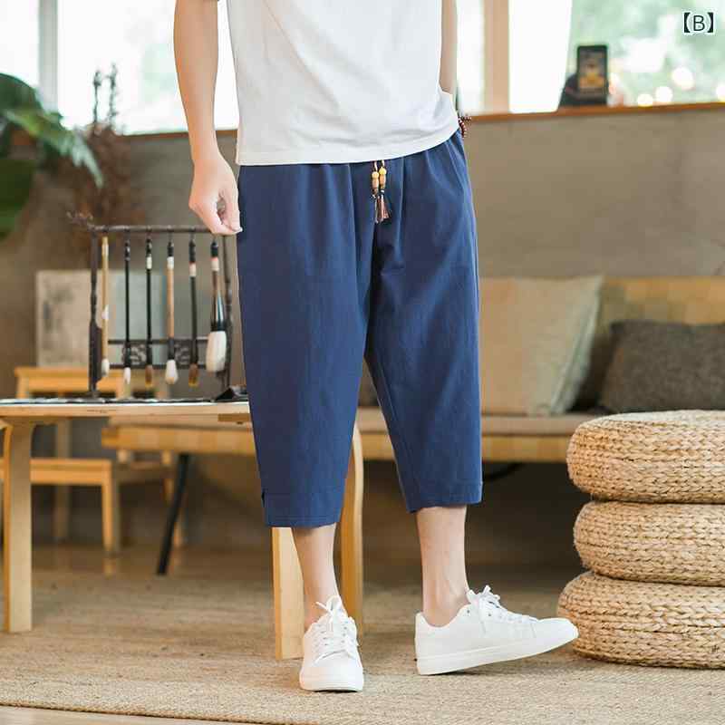 メンズ ファッション 服 男性用 オシャレ シンプル 大人 かっこいい 大きいサイズ ストリート 紳士服 綿 リネン クロップド パンツ 薄手 通気性 ストレート パンツ 夏 カジュアル 3