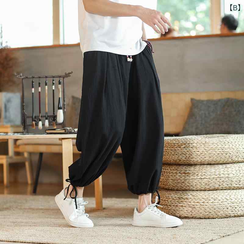 メンズ ファッション 服 男性用 オシャレ シンプル 大人 かっこいい 大きいサイズ ストリート 紳士服 リネン パンツ 夏 薄手 綿麻 ズボン ゆったり ワイド レッグ カジュアル 九分丈