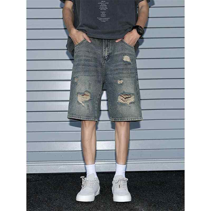 メンズ ファッション 服 男性用 オシャレ シンプル 大人 かっこいい 大きいサイズ ストリート 紳士服 アメリカン レトロ リップド デニム パンツ 夏 薄手 カジュアル 五分丈 パンツ ストレート