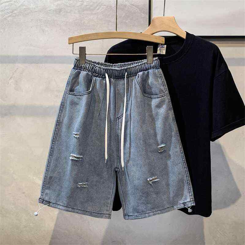 メンズ ファッション 服 男性用 オシャレ シンプル 大人 かっこいい 大きいサイズ ストリート 紳士服 夏 薄手 ダメージ 加工 デニム パンツ ストレート 五分丈 パンツ 伸縮性 ストレッチ ストレッチ ウエスト(4.0)