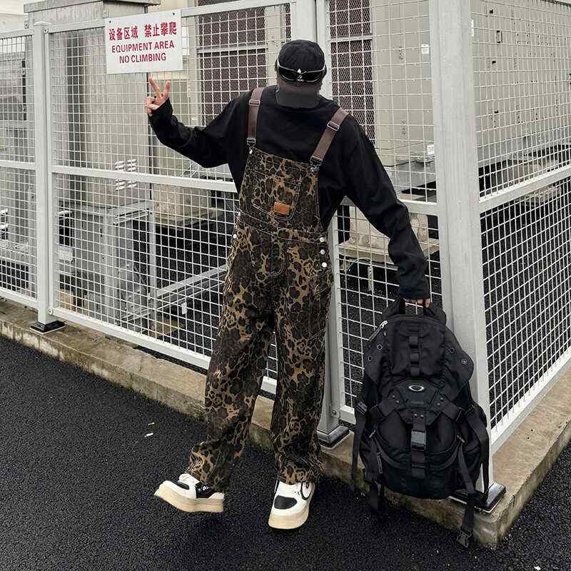 メンズ ファッション 服 男性用 オシャレ シンプル 大人 かっこいい 大きいサイズ ストリート 紳士服 オーバーオール ストリート ヒョウ柄 ポケット サスペンダー ジーンズ 通勤 ワイド レッグ ワーク パンツ