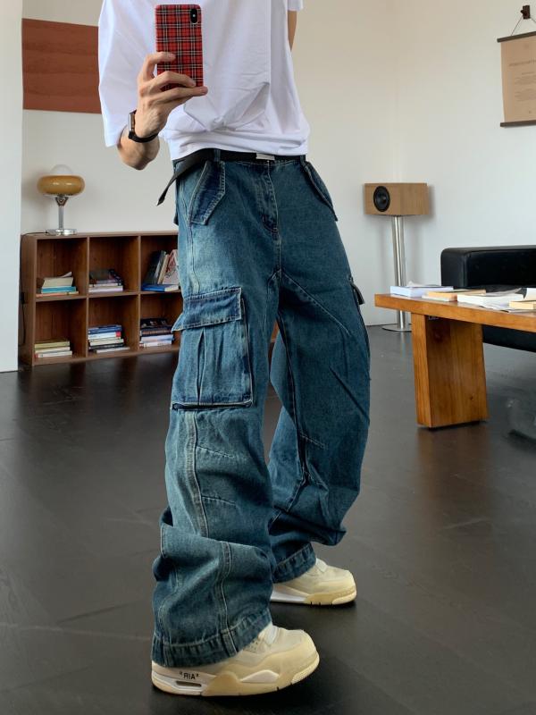 Bottoms - メンズ ファッション 服 男性用 オシャレ シンプル 大人 かっこいい 大きいサイズ ストリート 紳士服 コーラ マルチ ケット ウォッシュ カジュアル ダメージ ジーンズ ワイド レッグ パンツ